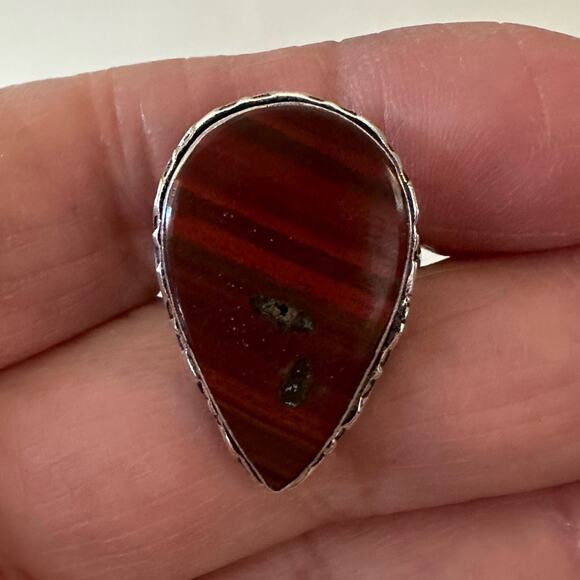Red Jasper silver overlay gemstone ring size adjustable stamped 925 - Picture 1 of 6
